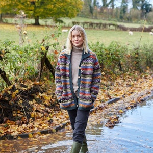 Women's Cardigan - Knitted in Nepal - Fair Isle Cardigan - Knitted Collar - 100% Wool - Fair Isle - Natural - Green - Denim - Pachamama