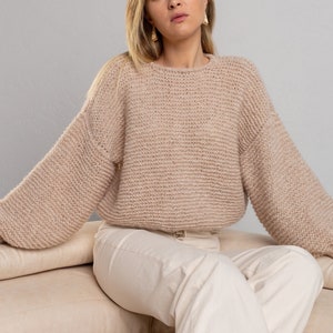 pastel beige crochet alpaca wool fall sweater pullover, cozy lightweight merino warm winter sweater, basic chunky knit sweater, cottage core