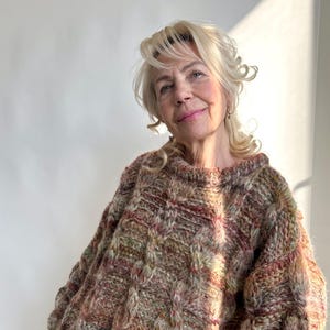 Multicolor merino wool handknit sweater Colorful alpaca thick warm sweater Oversized long cable knit sweater Loose bright soft sweater