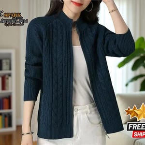 Merino Wool Zip Cardigan | Thick Knit Sweater for Women | Long Sleeve Half Collar Style | Soft Cozy Feel | Fall Layered Fashion