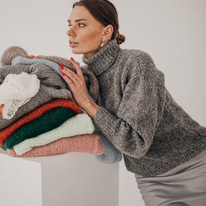 gray turtleneck crochet alpaca sweater, pastel neutral color basic knitted jumper, capsule wardrobe merino wool sweater, chunky knit sweater